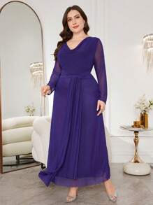 Modelyn 女士荷叶边高领长袖修身优雅派对连衣裙，柔软舒适网眼缎带加大码