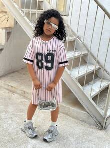 SHEIN Tween Girls Street Style Stripe Knit Round Neck Loose Casual Short Sleeve Dress