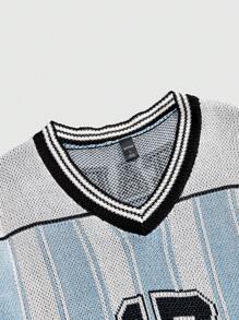 ROMWE MEN Prep Men's Jersey Casual Stripe V-Neck Short Sleeve Knit Tops - Baby Blue - View 6