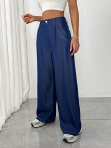 SHEIN Unity 1pc Women Denim Effect Fashionable Versatile Pants, Women Woven Navy Blue Wide-Leg Trousers - Blue - View 4