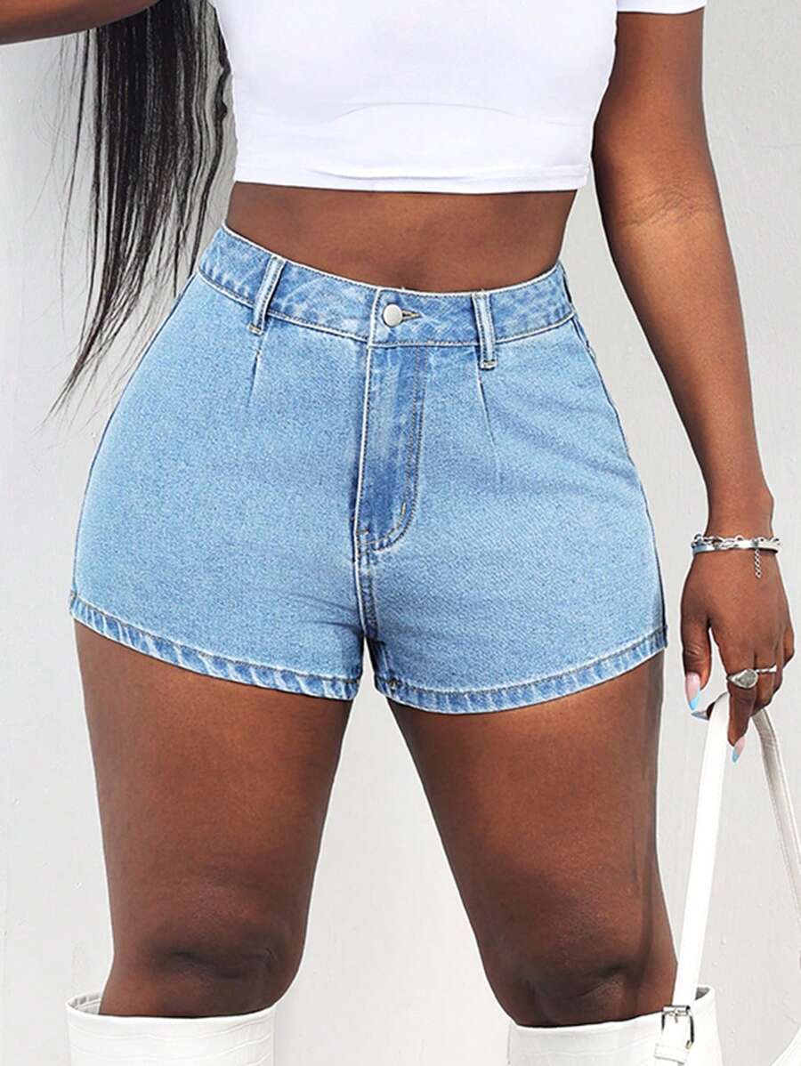 SHEIN Slayr Women's High Waist Skinny Casual Versatile Denim Shorts - Blue - View 1