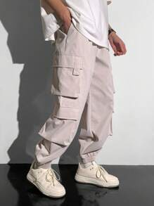 SHEIN Teen Boys 1pc Casual Hip Cool Style Loose Windbreaker Material Large Patch Pockets Street Retro College Style Cargo Pants