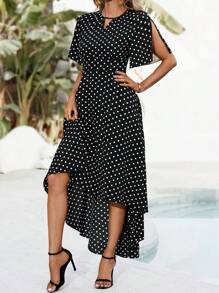 EMERY ROSE Women's Polka Dot Print Asymmetric Hem Dress - Black and White - View 5