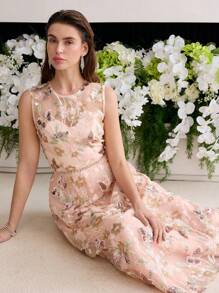 MOTF Soiréza Vestido de cóctel de línea A con bordado floral de malla