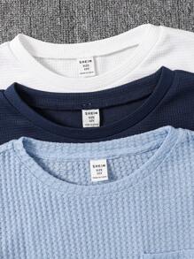 SHEIN Leap Crew 6pcs/Set Tween Boys Casual Collegiate Comfortable Fashion Minimalist Practical Soft Waffle Texture Short Sleeve Crew Neck T-Shirt And Elastic Waist Shorts Set, Suitable For Spring, Summer, Autumn, Suitable For Daily, Outdoor Play, School, Streetwear, Party And Leisure