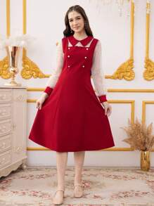 Teen Girl Polka Dot Mesh Patchwork Long Sleeve Button Design Fashion Dress - Burgundy - View 1