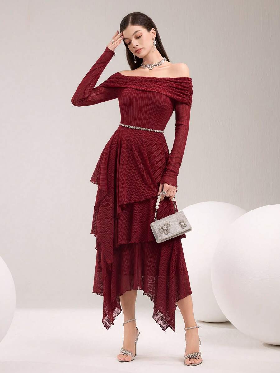 Modelyn Women's Solid Color Pleated Off Shoulder Long Sleeve Tiered Ruffle Hem Dress - Red - View 1