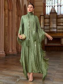 Al Najma 女式宽松飘逸绿松石色金属图案连衣裙，蝙蝠袖和流苏袖，卡夫坦和贾拉比亚，端庄 - 綠色 - 查看 7