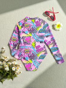 SHEIN Tween Girl Printed Patchwork Long Sleeve One-Piece Swimsuit Summer Pink Swim Bohemian Summer Holiday Cute