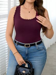 SHEIN Clasi Canotta in lavorazione a maglia elastica con pizzo a contrasto, per donna, taglia grande, primavera/estate