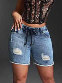 SHEIN SXY 休闲破洞修身抽绳腰牛仔短裤 - 藍白色 - 查看 4