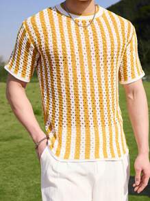 Manfinity Chillmode Men's Striped Crew Neck Short Sleeve Hollow Out Knit Top - Yellow - View 6