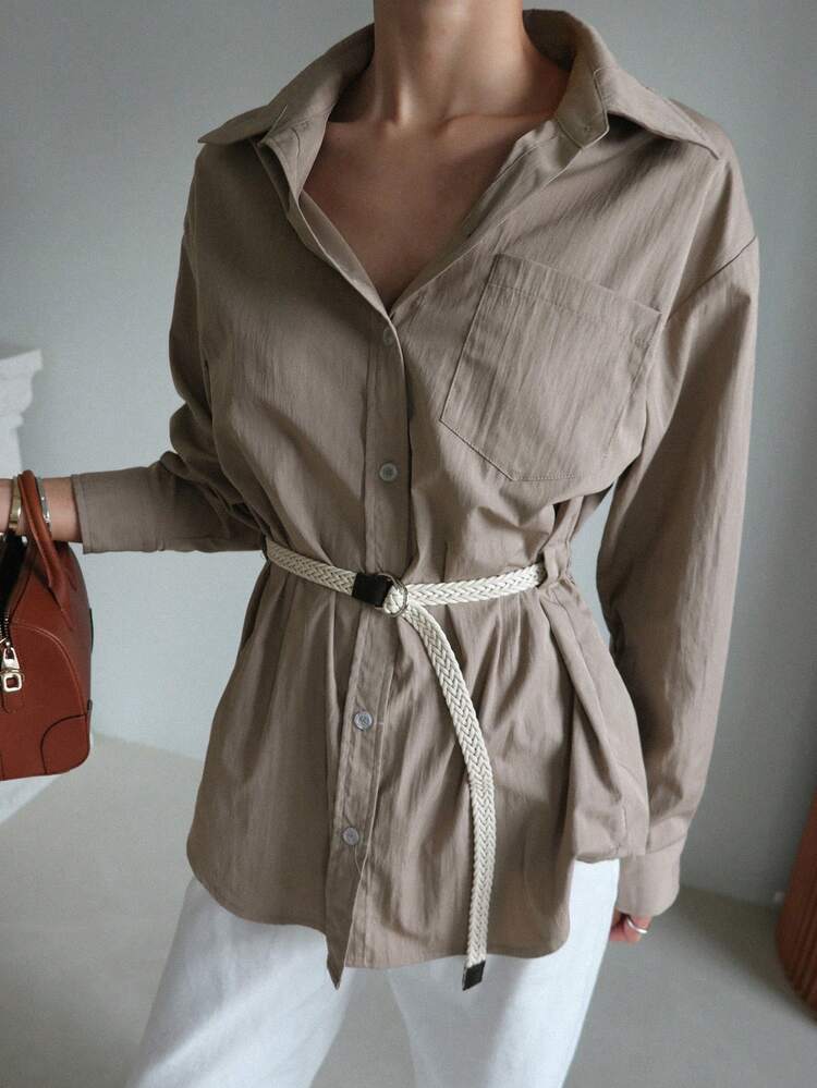 Women's Solid Color Pocket Casual Loose Cinched Waist Shirt,Fall Women Clothes Long Sleeve Top