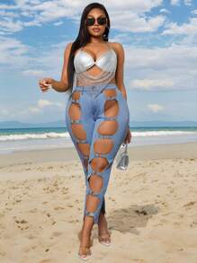Slaydiva Plus Size Women's Ripped Hollow Out Open Side Hoop Decor Denim Jeans - Blue - View 1