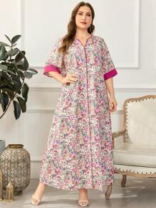 Al Najma 大码女式各样花朵图案 V 领半袖阿拉伯长裙