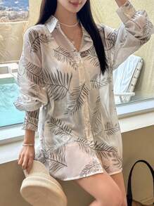 DAZY 女士热带植物印花长袖和服罩衫，夏季海滩度假秋冬