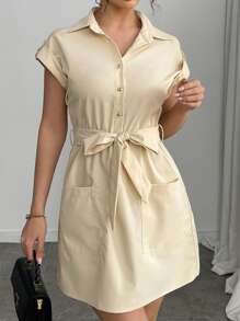 Chiquease Women's Solid Color Short Sleeve Single-Breasted Pocket Casual Shirt Dress