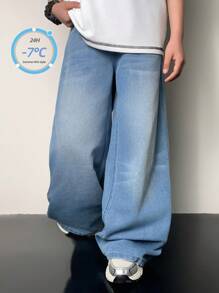 SHEIN Tween Boy Y2k Fashion Casual Based Blue Cel Cool Feeling Denim Baggy Jeans For Boy Costume Dailywear And The Four Seasonsr Kids Clothes