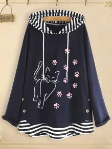 Damen gestreifter Patchwork Katzen-Muster Kapuzenpullover mit Kordelzug Sweatshirt für den Herbst