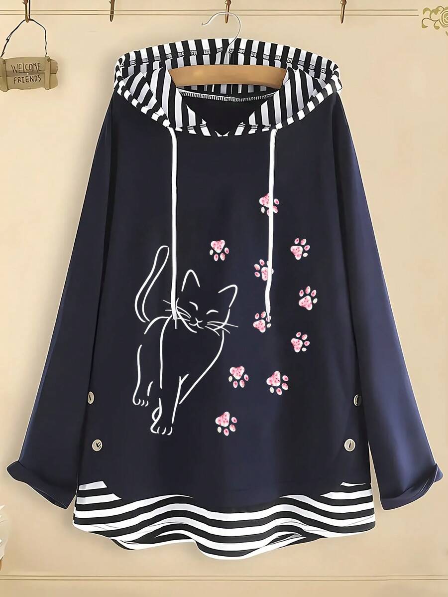 Damen gestreifter Patchwork Katzen-Muster Kapuzenpullover mit Kordelzug Sweatshirt für den Herbst