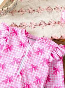 SHEIN Young Girls Sweet Bow Printed Ruffled One-Piece Swimsuit, Pink Striped, Perfect For Summer Beach Vacations - Multicolor - View 5