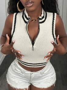 BamGleam Knitted Sleeveless Cropped Women's Sweater Vest, Standing Collar And Black And White Striped Women's Top With Diamond Zipper, Casual And Sexy Spring And Summer Women's Clothing That Meets Basic Travel Needs