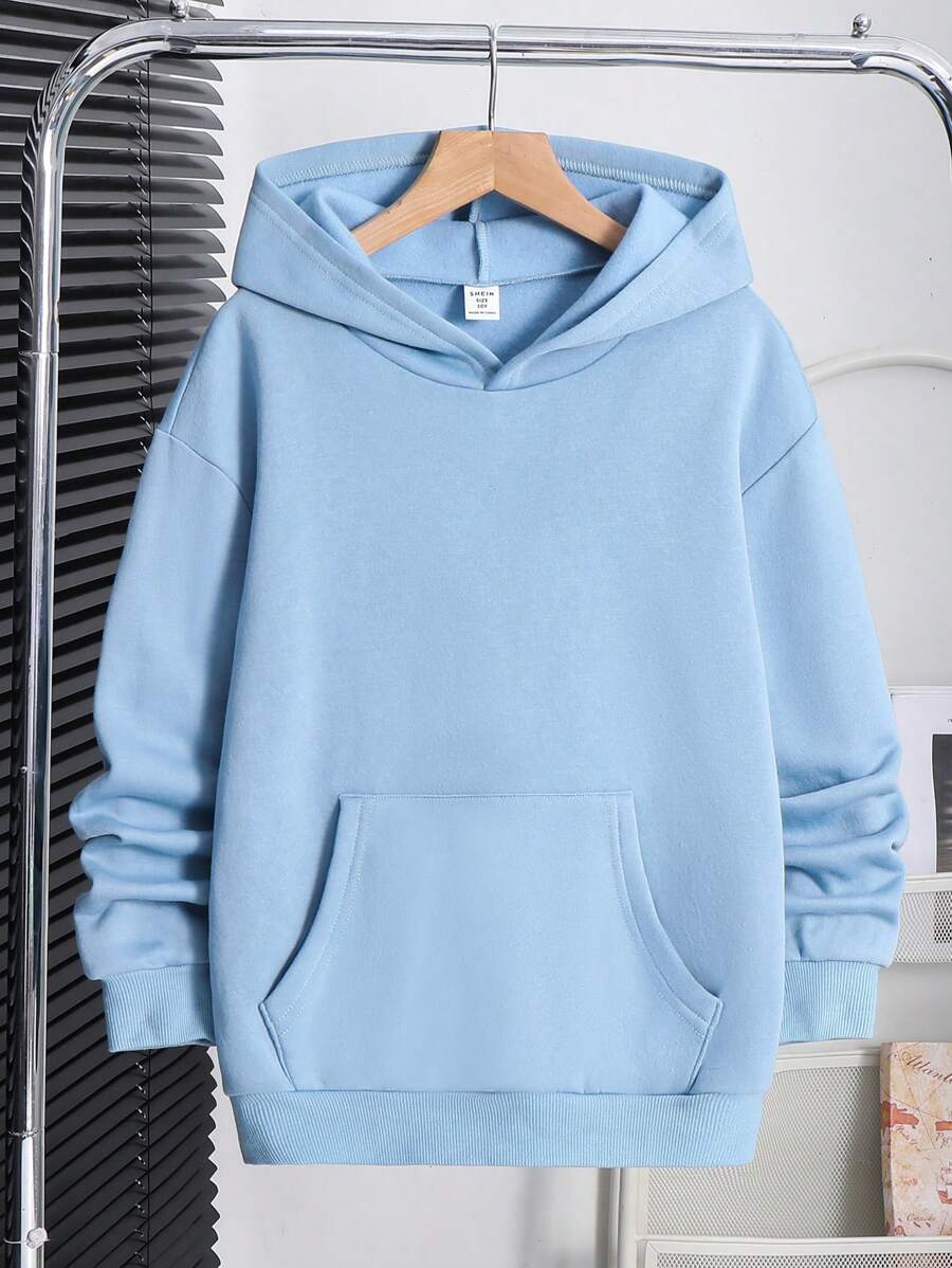SHEIN Leap Crew Tween Boys 袋鼠口袋落肩连帽运动衫，可爱休闲日常穿着，适合春秋季节 - 淺藍色 - 查看 1