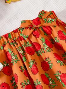 SHEIN Tween Girl 休闲斋月女孩印花泡泡袖上衣和花卉裙套装 - 白色 - 查看 5