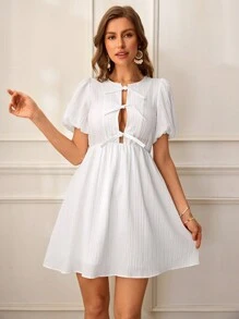 SHEIN VCAY Vacation Solid Color Chiffon Bubble Short Sleeve Women Mini Dress Spring Outfits For Women Casual Outfit Vacation