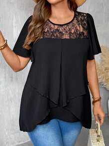 EMERY ROSE Blusa de verano de talla grande para mujer con mangas cortas, ajuste regular, de gasa de unicolor con encaje de contraste y bajo acampanado