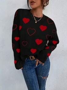 Chiquease Nouveau pull casual en tricot côtelé à col rond, motif cœur pour la Saint-Valentin, style ample, Automne/Hiver 2024