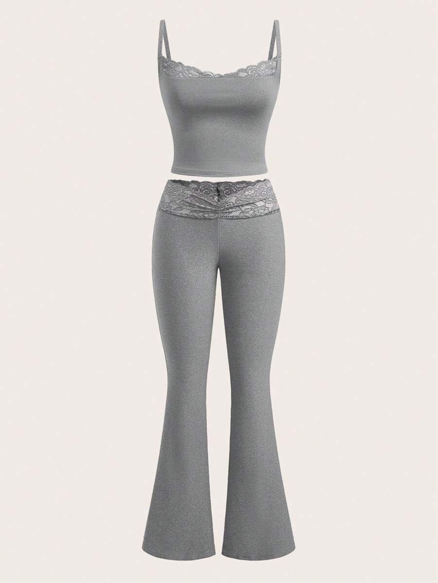 SHEIN EZwear Set 2 pcs: Kamisol Patchwork Renda dan Celana Flare - Grey - View 1