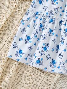 Tween Girls' Holiday Style Ditsy Floral Layered Patchwork Maxi Skirt, Suitable For Spring/Summer,Holiday,Summer,Travel - Blue - View 5