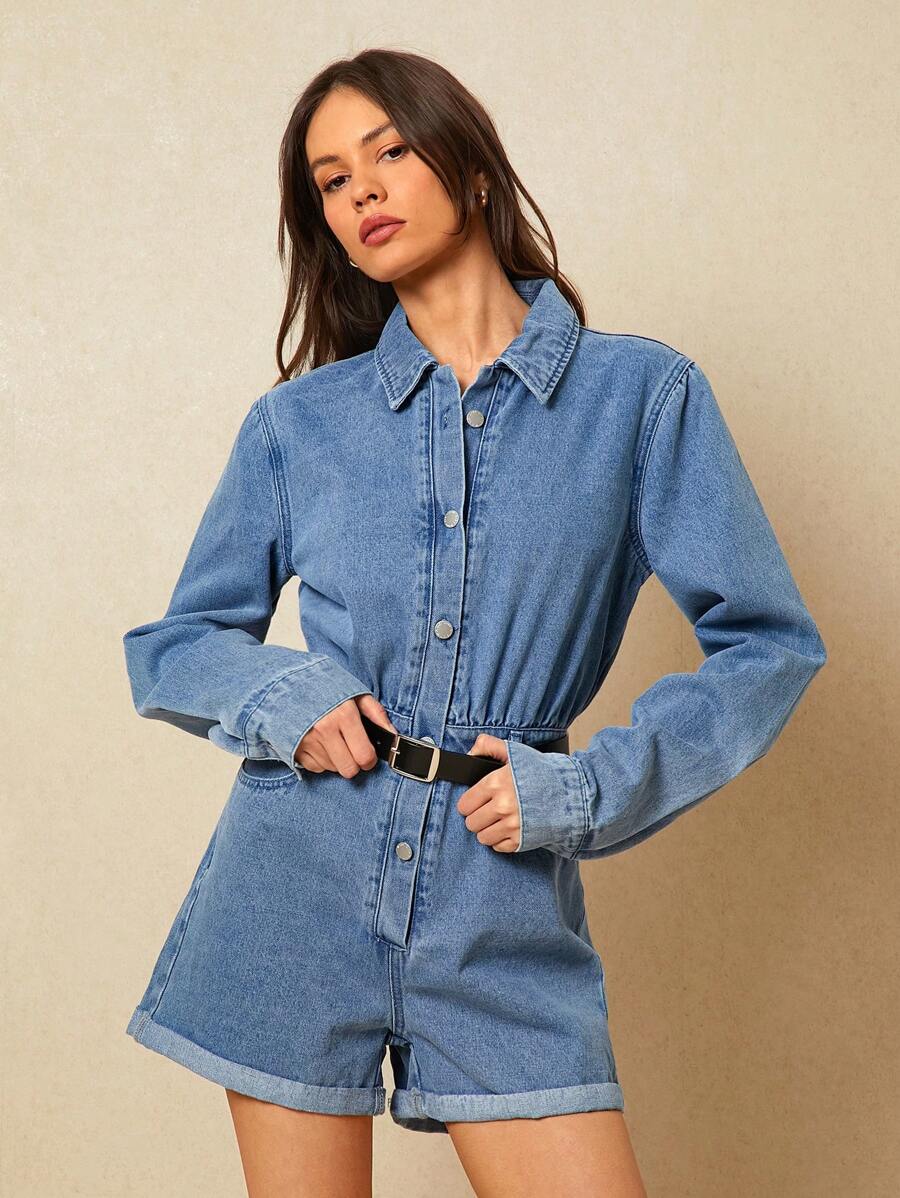 Poéselle Women's Casual Simple Long Sleeve Denim Jumpsuit,Summer Outfits For Women,Western Wear Women,Concert Outfit Women,Cowgirl,Going Out Outfits - Light Wash - View 1