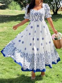 SHEIN LUNE Plus Size Women Holiday Style Woven Short Sleeve Bodycon Dress - Blue and White - View 4