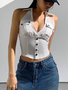 SHEIN Unity Chemise sans manches blanche à boutons pour femme, style de rue - Blanc - Voir 6