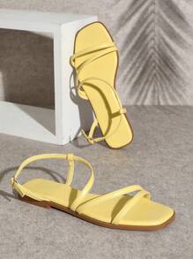 SHUZIA Casual Solid Faux Leather Gold Flat Sandals - Yellow - View 4
