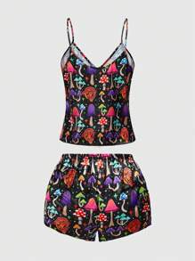 ThisUniqueVibe Magical Colorful Mushroom Print Camisole & Shorts Satin Pajama Set, Casual Loungewear