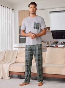 男士格子印花短袖睡衣套装（配长裤）