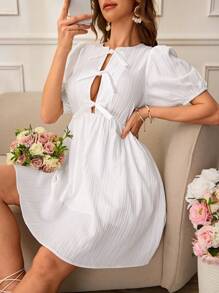 SHEIN VCAY Vacation Solid Color Chiffon Bubble Short Sleeve Women Mini Dress Spring Outfits For Women Casual Outfit Vacation