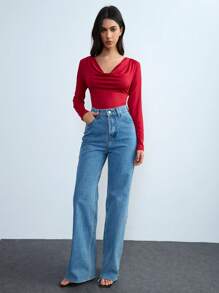 SHEIN Unity 1 件女士优雅红色长袖紧身衣 - 紅色 - 查看 4