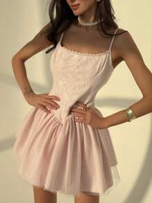 Aloruh Romantic Date Sexy Spaghetti Strap Lace Trim Open Back Bowknot Extremely Short Pink Women Dress - Pink - View 6