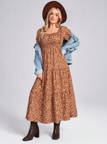 SHEIN LUNE 美国西部乡村风格休闲度假碎花棕色荷叶边下摆长袖连衣裙 - 棕色 - 查看 1
