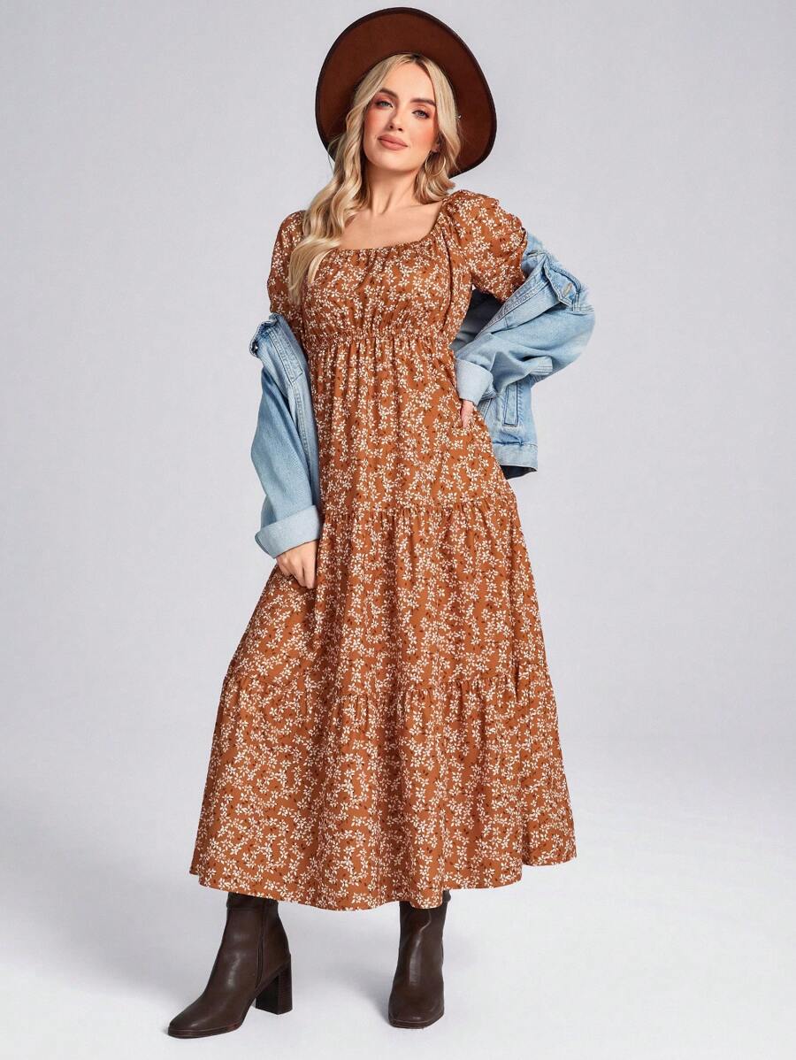 SHEIN LUNE 美国西部乡村风格休闲度假碎花棕色荷叶边下摆长袖连衣裙 - 棕色 - 查看 1