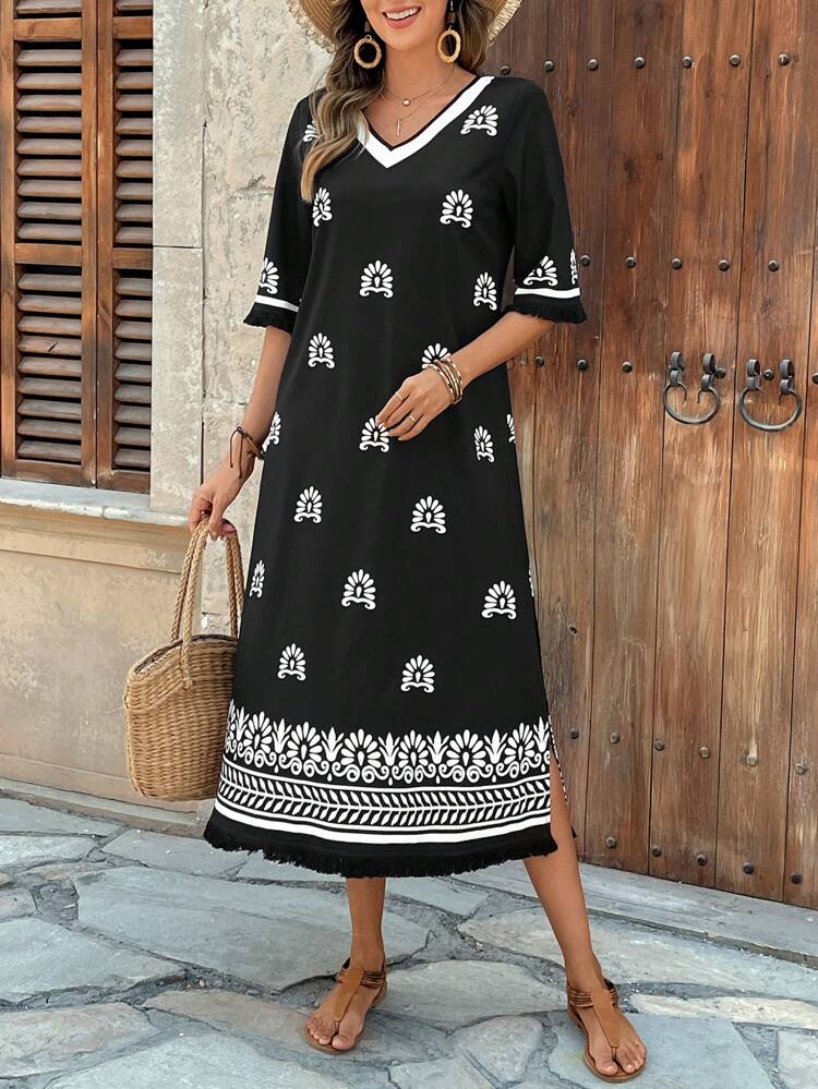 Women's Floral Print V-Neck Short Sleeve Loose Mid-Length Dress, Suitable For Vacation
