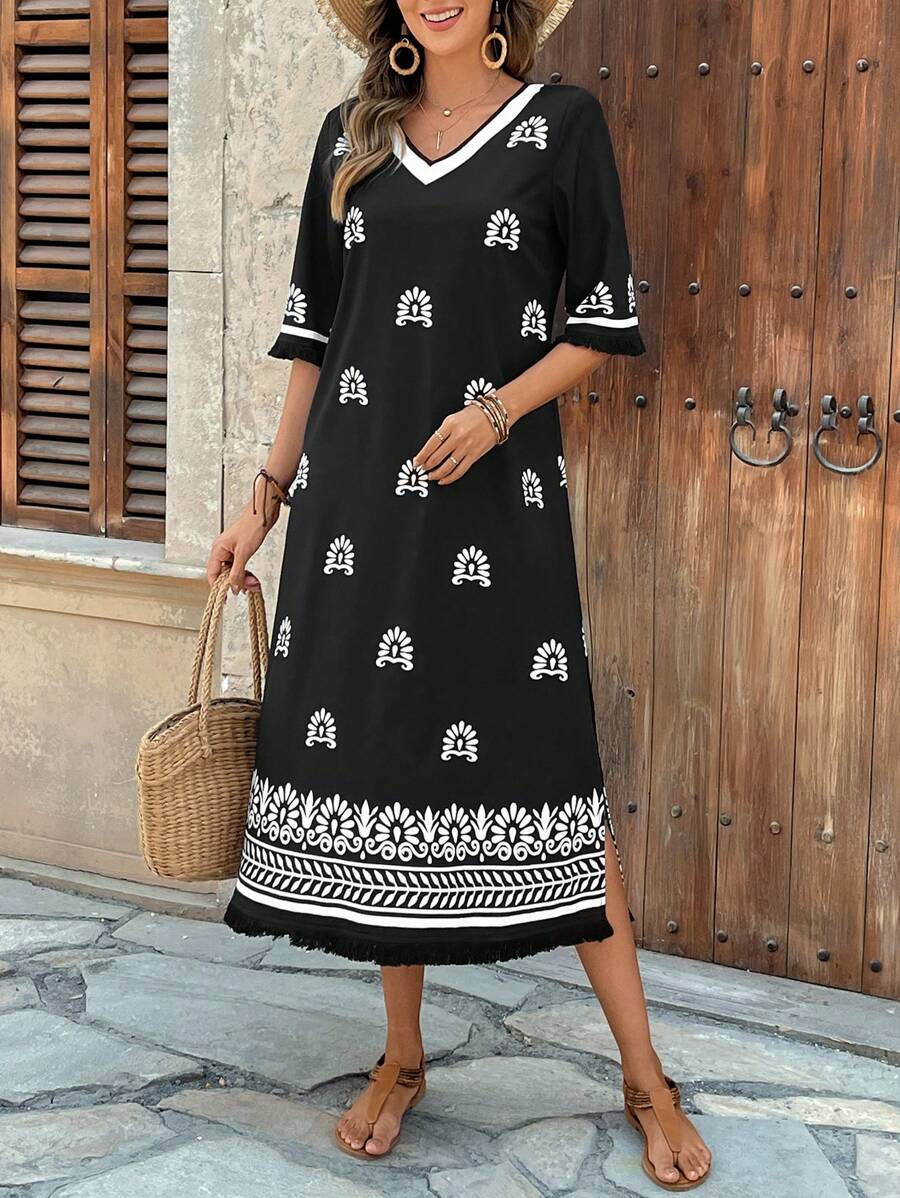 EMERY ROSE Women's Floral Print V-Neck Short Sleeve Loose Mid-Length Dress, Suitable For Vacation - Multicolor - View 1