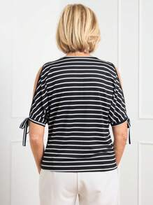 SHEIN LUNE Women's Striped Open Shoulder Loose Casual T-Shirt - Black and White - View 2