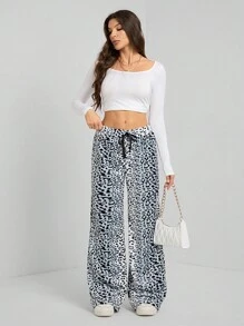 SHEIN Tall 女士系腰蓬松豹纹休闲阔腿宽松裤 - 淺灰色 - 查看 4