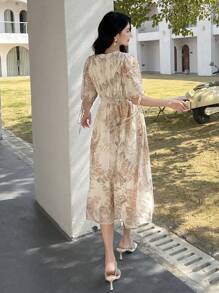 DAZY 女士印花圆领泡泡袖镂空中长连衣裙，波西米亚风度假装扮 - 杏色 - 查看 2