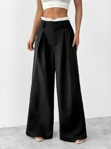 Chiquease 优雅休闲裤，荷叶边腰带黑白拼色长裤 - 黑色 - 查看 6